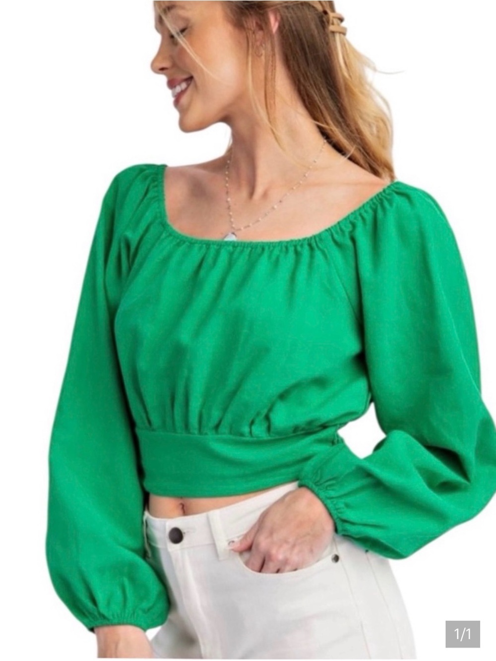 easel Emerald Green Square-Neck Cropped Blouse